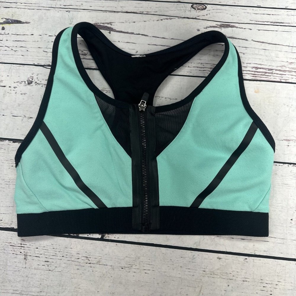 Fabletics Bra Medium 6-8 High Impact Sports Zip Front Mint Green Black No Tags